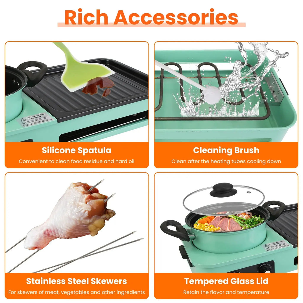 1Pc 3 In 1 Electric Hot Pot With Grill 1600W Smokeless Non-Stick Korean BBQ Grill Shabu Shabu Hot Pot Combo With Independent Temperature Control For 3-5 People Fedex Shipping