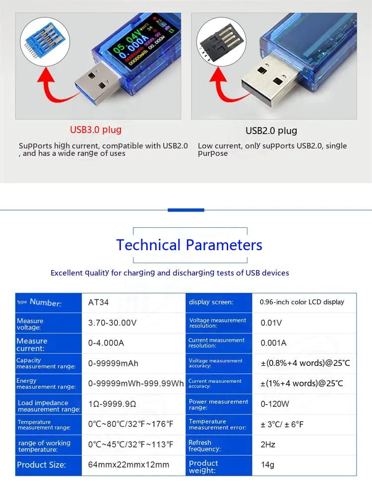 AT34 Digital Voltmeter USB Charger Detection Instrument