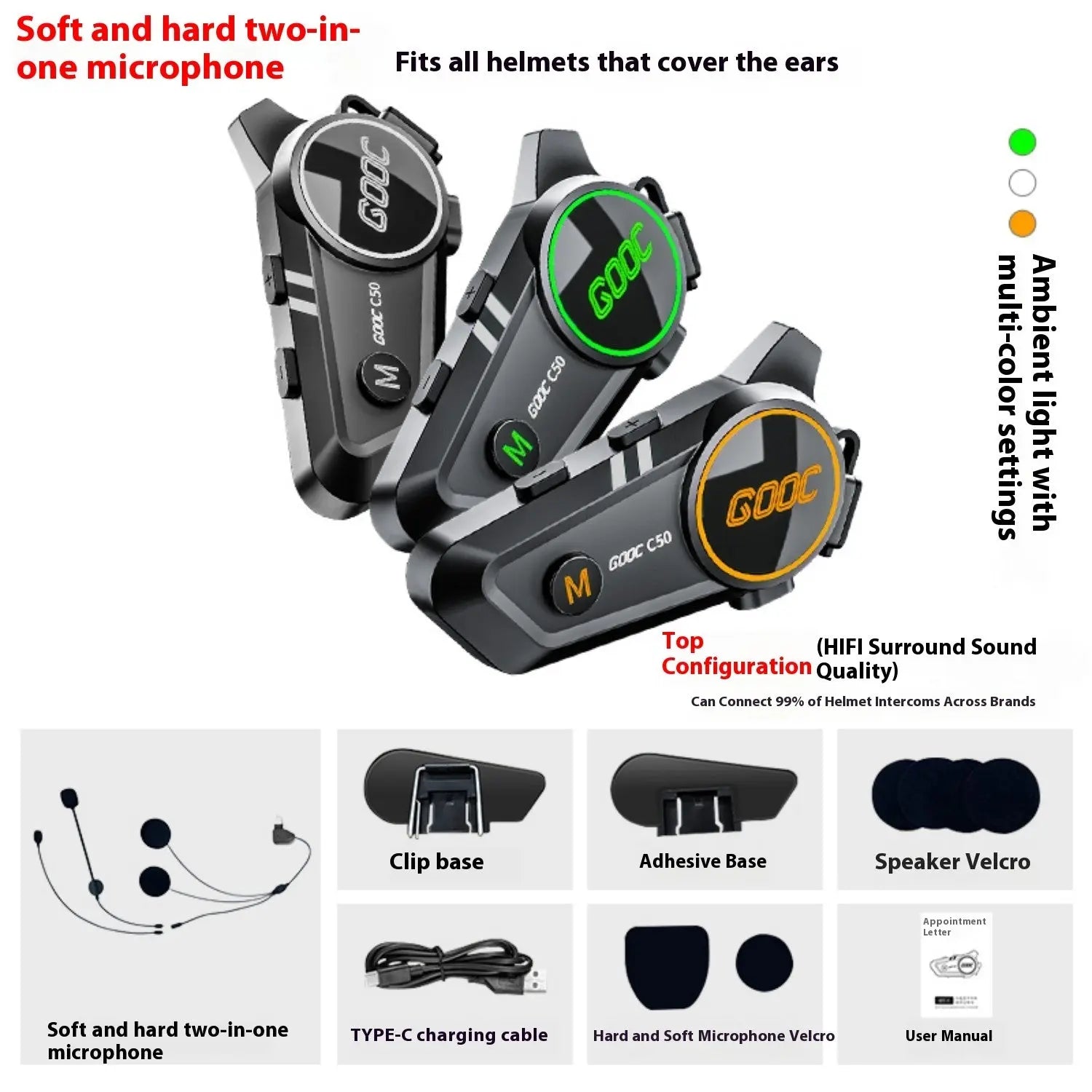 Wireless Full Half Helmet Waterproof Riding Intercom Earphones
