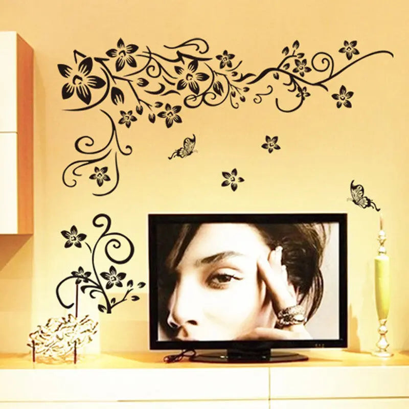 Vine Flowers Sticker And Butterflies Wall Art Vinyl Sticker-Home DIY Wall Decal