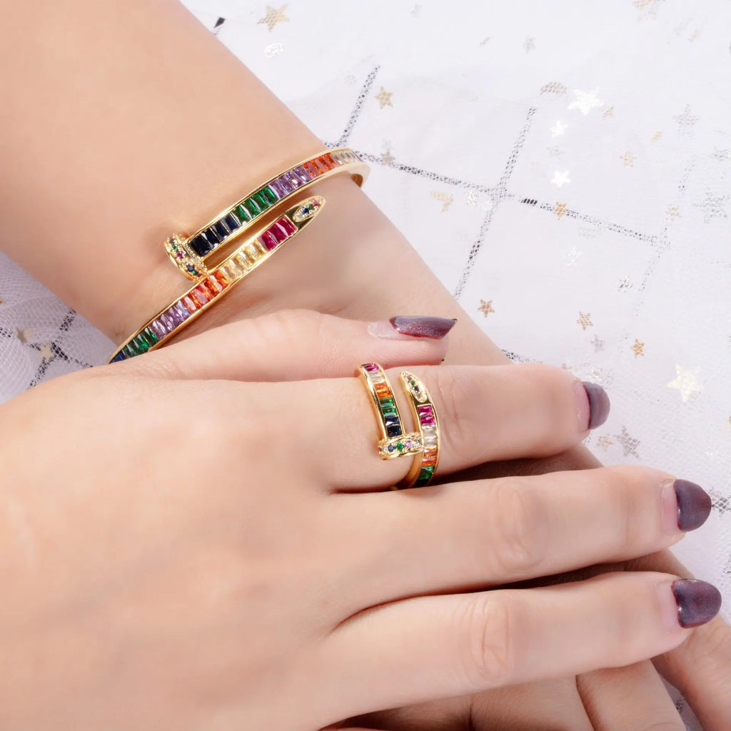 Micro Diamond Nail Bracelet Color Gold Full Diamond Copper Zircon Bracelet Ring Set