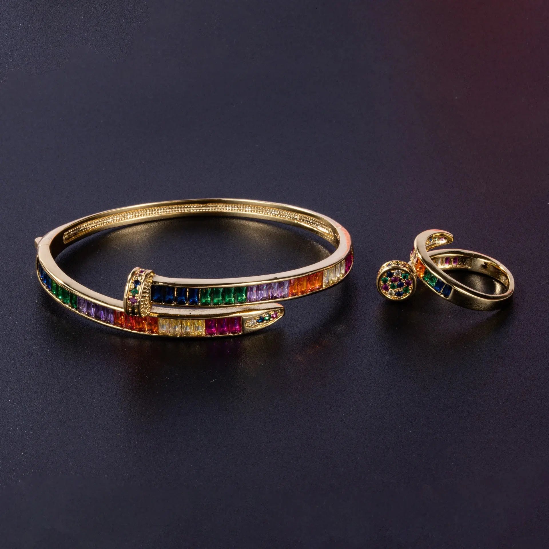 Micro Diamond Nail Bracelet Color Gold Full Diamond Copper Zircon Bracelet Ring Set