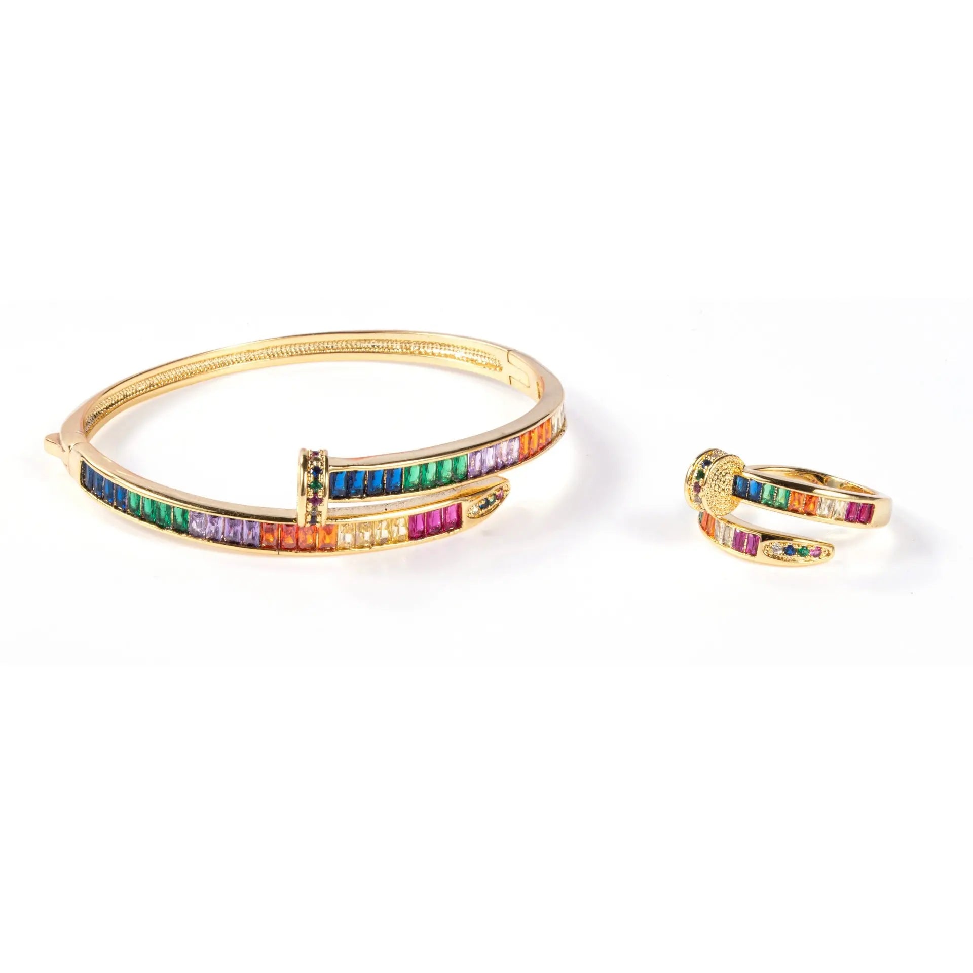 Micro Diamond Nail Bracelet Color Gold Full Diamond Copper Zircon Bracelet Ring Set