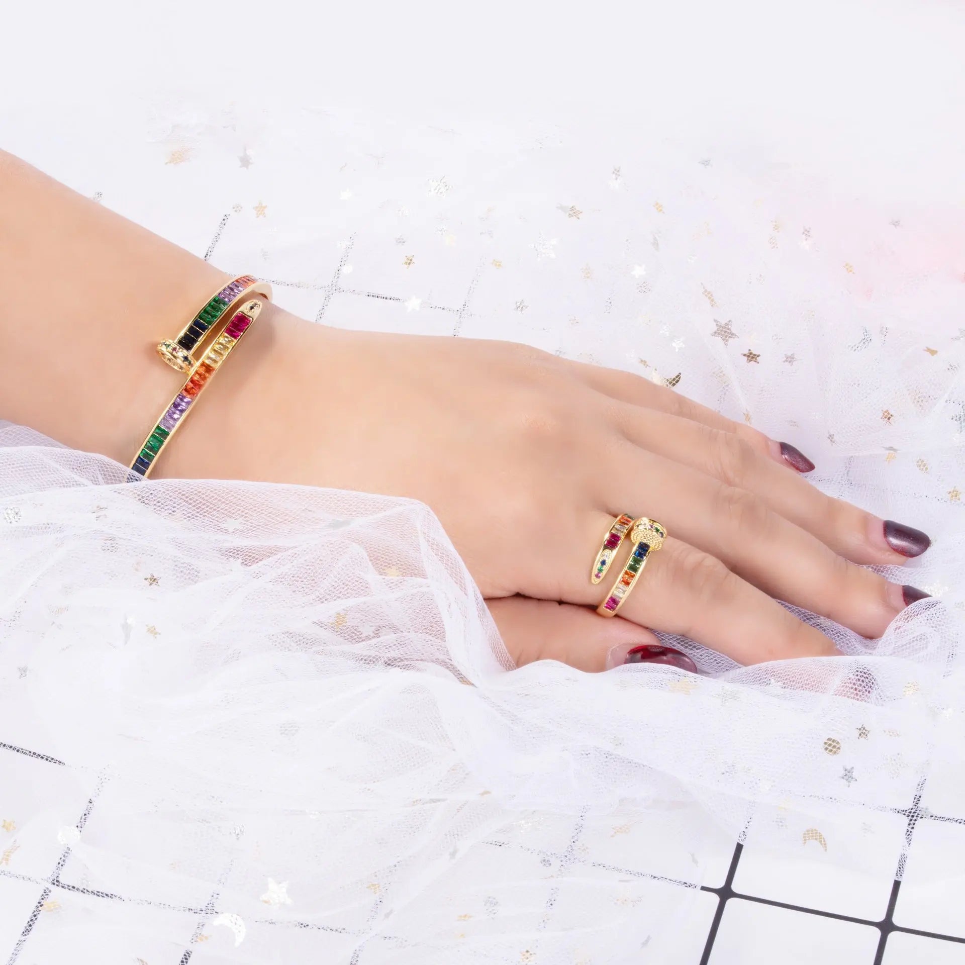 Micro Diamond Nail Bracelet Color Gold Full Diamond Copper Zircon Bracelet Ring Set
