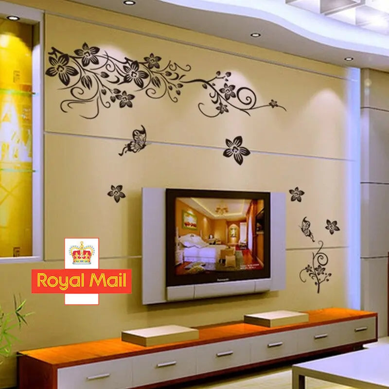 Vine Flowers Sticker And Butterflies Wall Art Vinyl Sticker-Home DIY Wall Decal